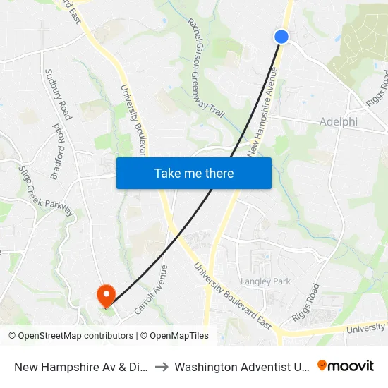 New Hampshire Av & Dilston Rd to Washington Adventist University map