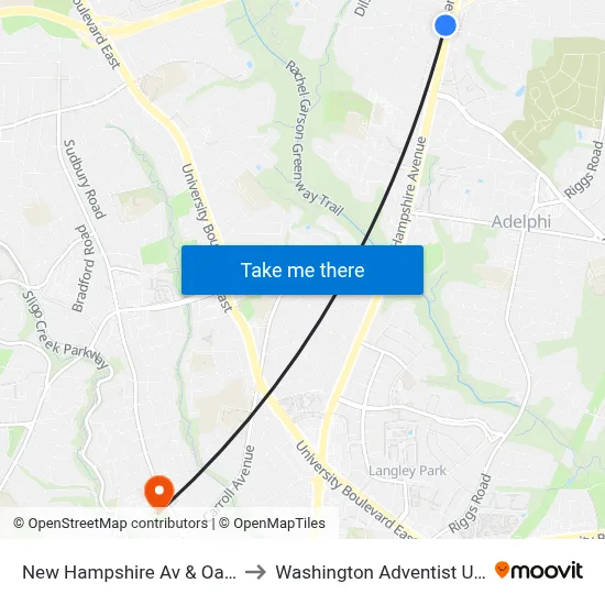 New Hampshire Av & Oakview Dr to Washington Adventist University map