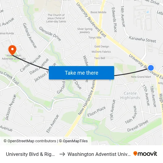 University Blvd & Riggs Rd to Washington Adventist University map