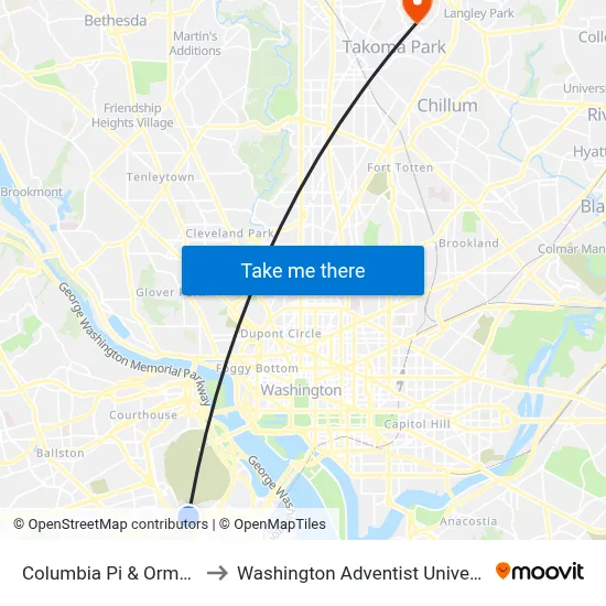 Columbia Pi & Orme St to Washington Adventist University map