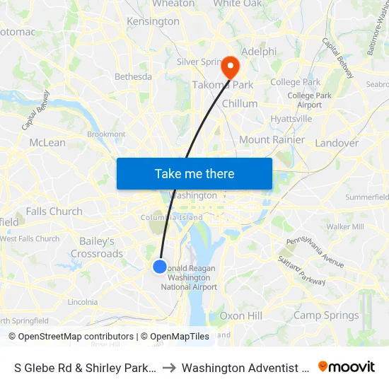 S Glebe Rd & Shirley Park Shopping to Washington Adventist University map