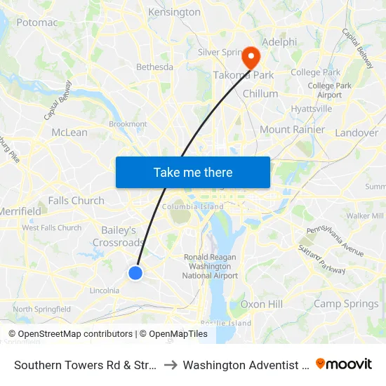 Southern Towers Rd & Stratford Bldg to Washington Adventist University map