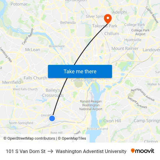 101 S Van Dorn St to Washington Adventist University map