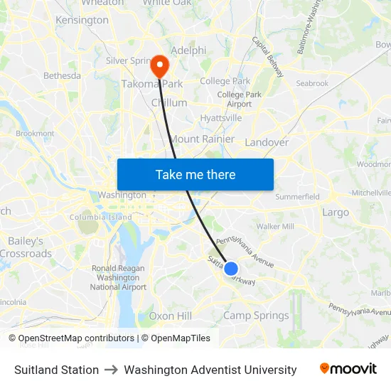 Suitland Station to Washington Adventist University map