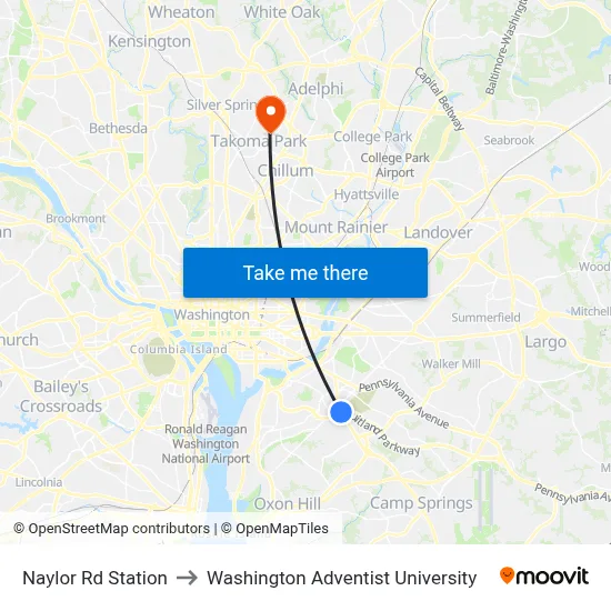Naylor Rd Station to Washington Adventist University map