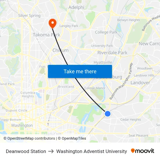 Deanwood Station to Washington Adventist University map