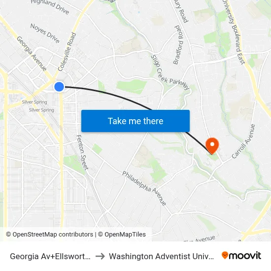 Georgia Av+Ellsworth Dr to Washington Adventist University map