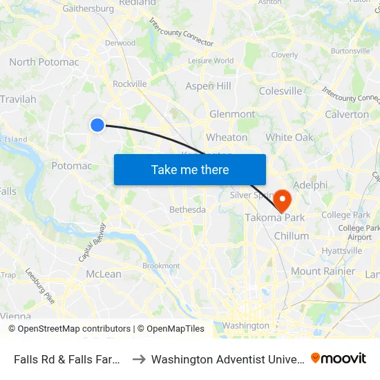 Falls Rd & Falls Farm Dr to Washington Adventist University map
