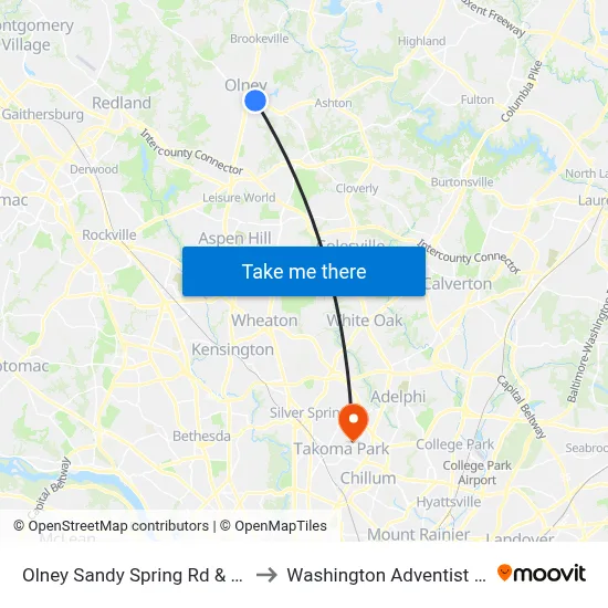 Olney Sandy Spring Rd & Spartan Rd to Washington Adventist University map