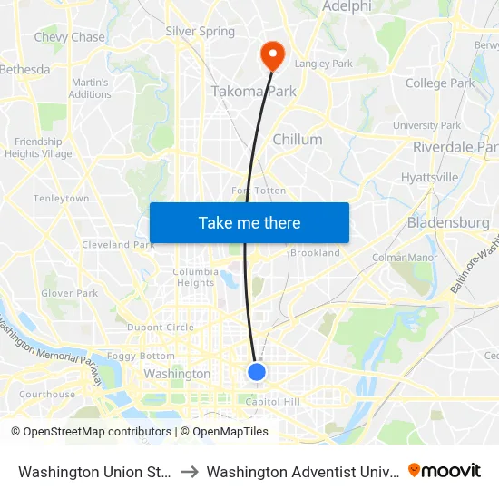 Washington Union Station to Washington Adventist University map