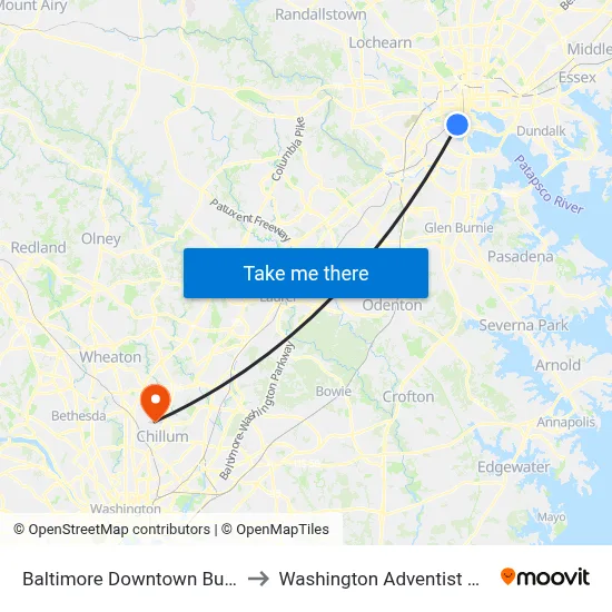 Baltimore Downtown Bus Station to Washington Adventist University map