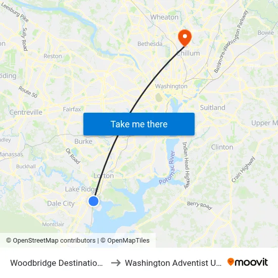 Woodbridge Destination Station to Washington Adventist University map