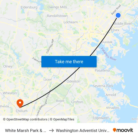 White Marsh Park & Ride to Washington Adventist University map