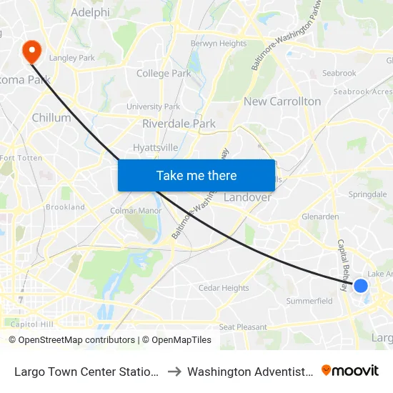 Largo Town Center Station & Bus Bay to Washington Adventist University map