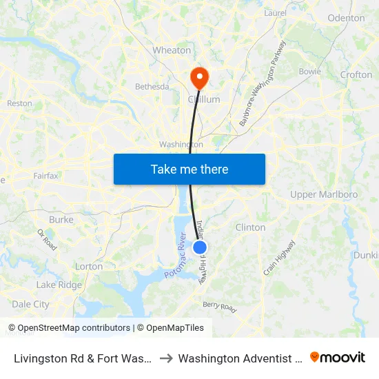 Livingston Rd & Fort Washington Rd to Washington Adventist University map