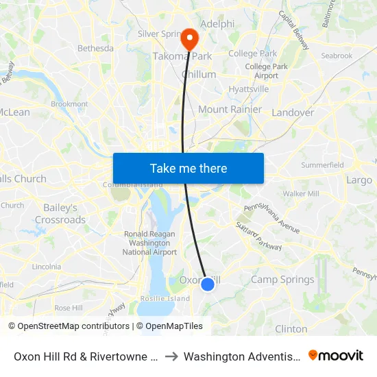 Oxon Hill Rd & Rivertowne Commons M to Washington Adventist University map