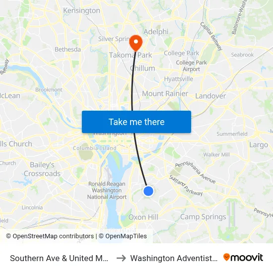 Southern Ave & United Medical Cente to Washington Adventist University map