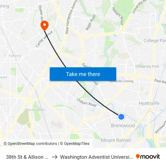 38th St & Allison St to Washington Adventist University map