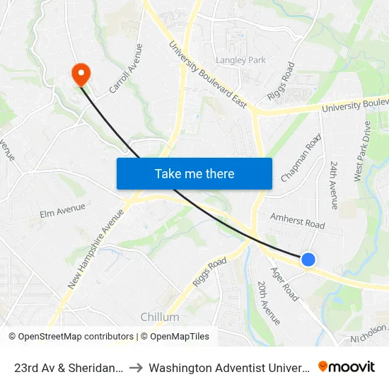 23rd Av & Sheridan St to Washington Adventist University map