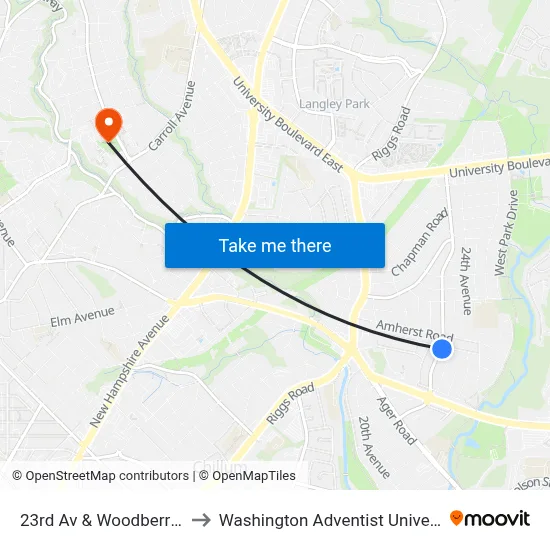 23rd Av & Woodberry St to Washington Adventist University map