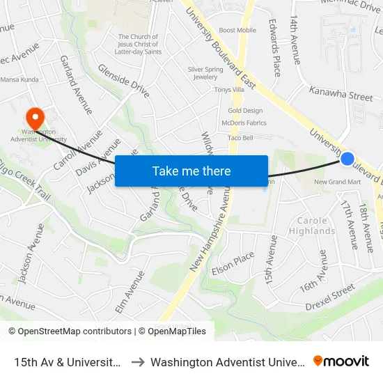 15th Av & University Bv to Washington Adventist University map