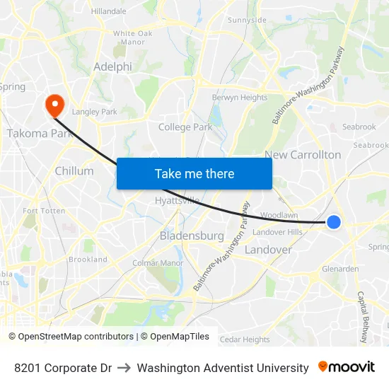 8201 Corporate Dr to Washington Adventist University map