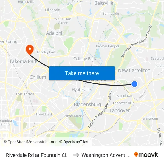Riverdale Rd at Fountain Club Apartments to Washington Adventist University map