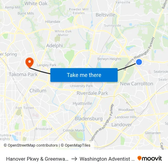 Hanover Pkwy & Greenway Center Dr to Washington Adventist University map