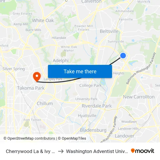 Cherrywood La & Ivy Lane to Washington Adventist University map