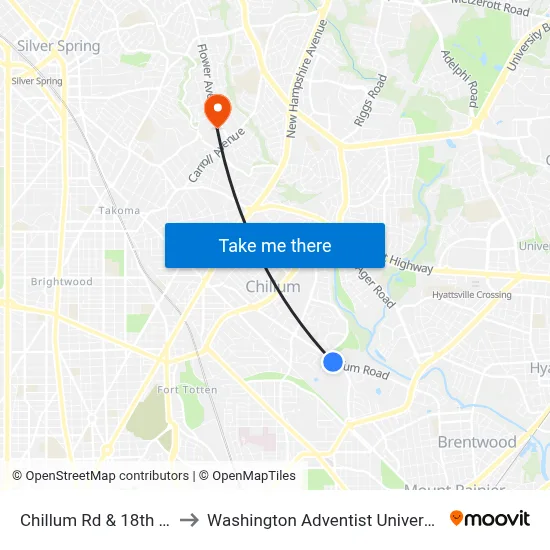 Chillum Rd & 18th Av to Washington Adventist University map