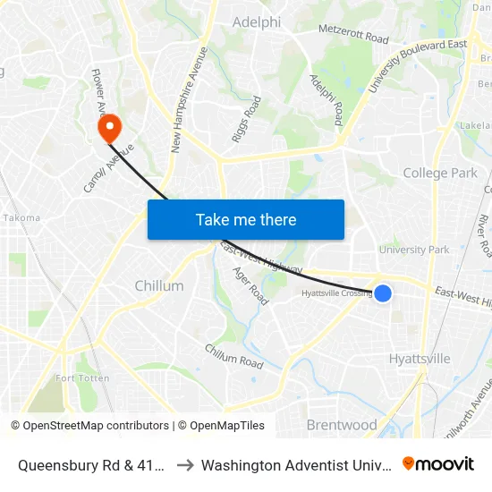 Queensbury Rd & 41st Av to Washington Adventist University map