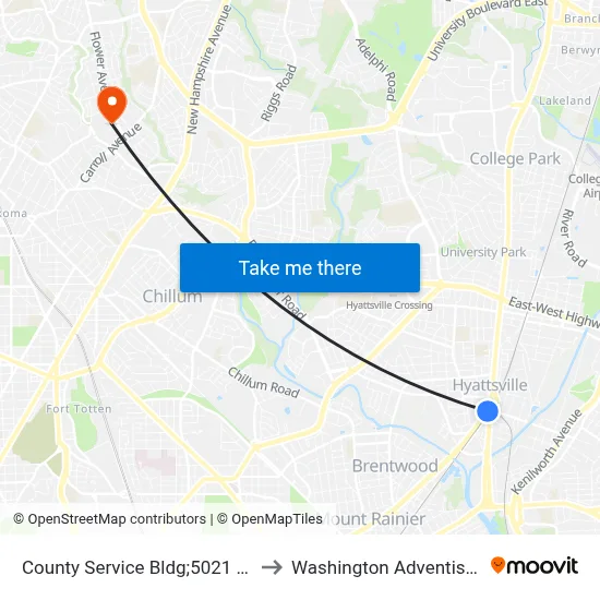 County Service Bldg;5021 Rhode Island to Washington Adventist University map