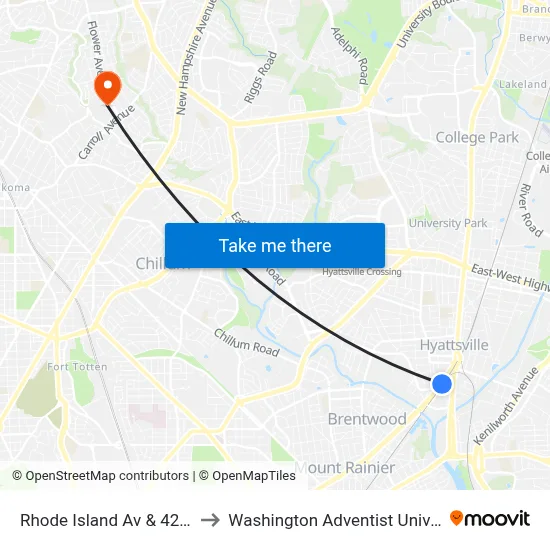 Rhode Island Av & 42nd Pl to Washington Adventist University map