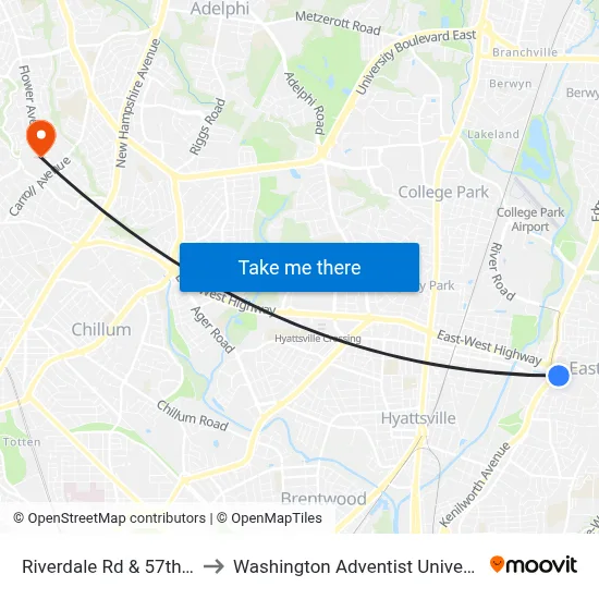Riverdale Rd & 57th Av to Washington Adventist University map
