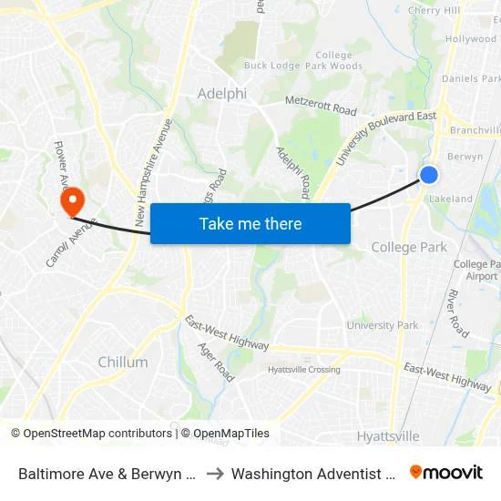 Baltimore Ave & Berwyn House Rd to Washington Adventist University map