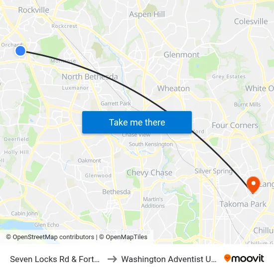Seven Locks Rd & Fortune Terr to Washington Adventist University map