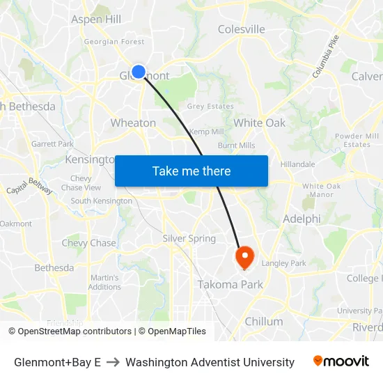 Glenmont+Bay E to Washington Adventist University map