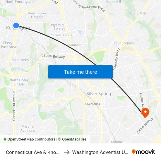 Connecticut Ave & Knowles Ave to Washington Adventist University map
