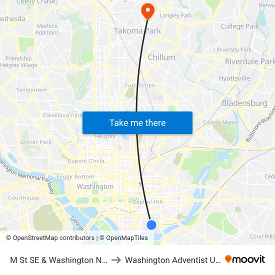 M St SE & Washington Navy Yard to Washington Adventist University map