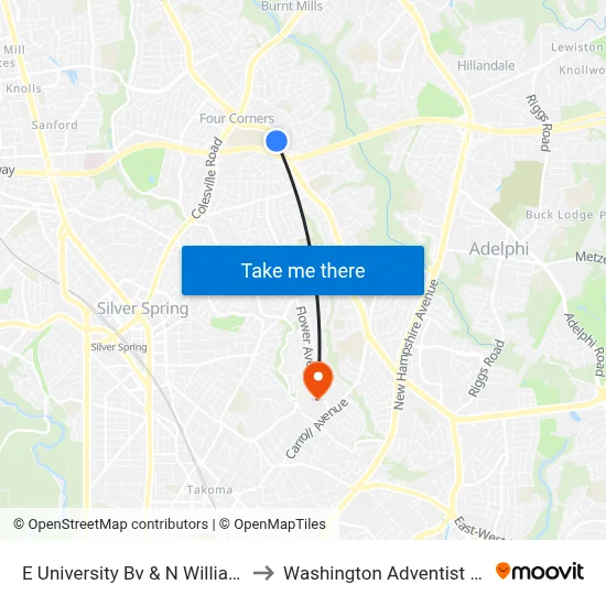 E University Bv & N Williamsburg Dr to Washington Adventist University map