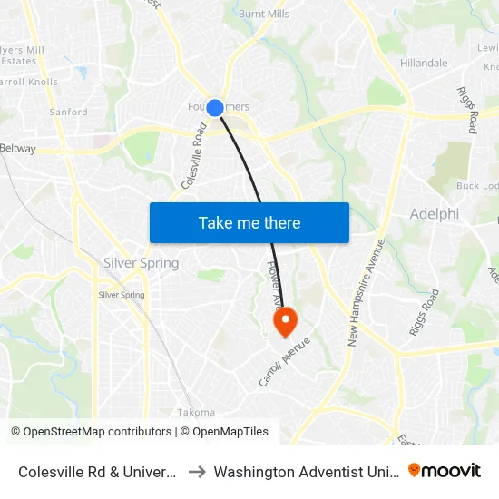 Colesville Rd & University Bv to Washington Adventist University map