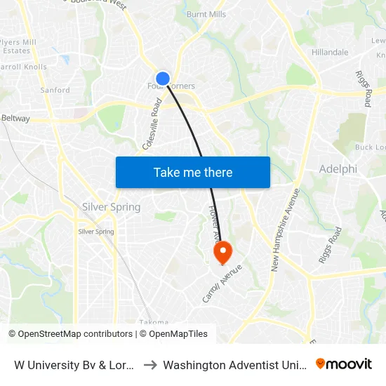 W University Bv & Lorain Av to Washington Adventist University map
