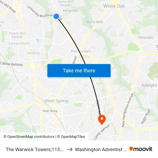 The Warwick Towers;1131 University to Washington Adventist University map