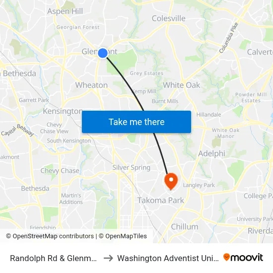 Randolph Rd & Glenmont Cir to Washington Adventist University map