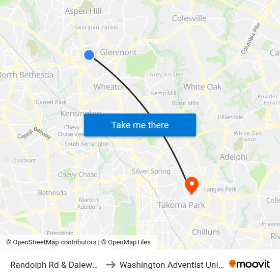 Randolph Rd & Dalewood Dr to Washington Adventist University map