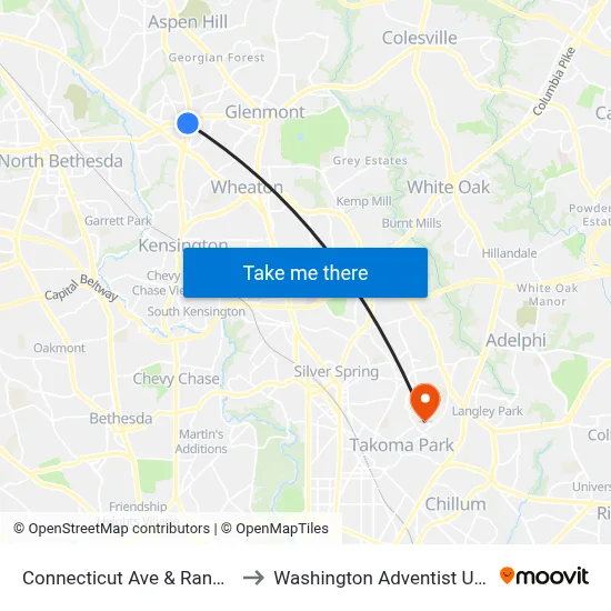 Connecticut Ave & Randolph Rd to Washington Adventist University map