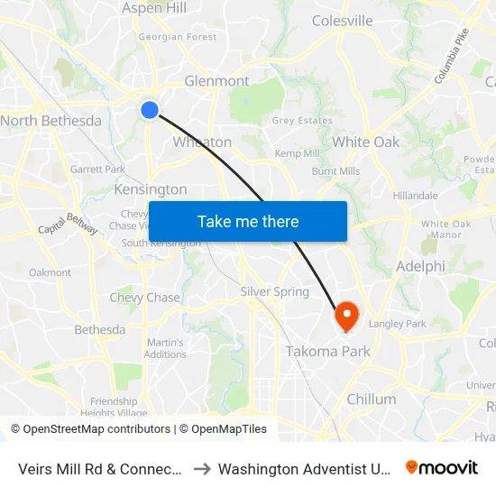 Veirs Mill Rd & Connecticut Av to Washington Adventist University map