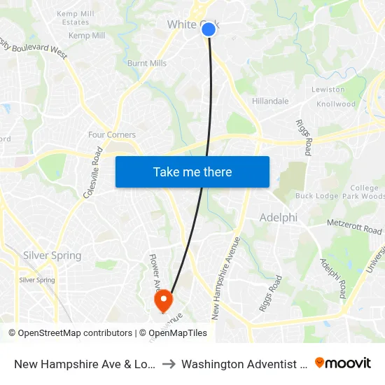 New Hampshire Ave & Lockwood Dr to Washington Adventist University map