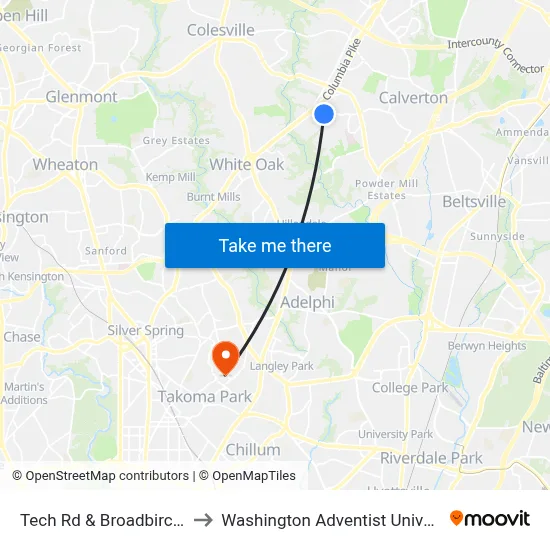 Tech Rd & Broadbirch Dr to Washington Adventist University map