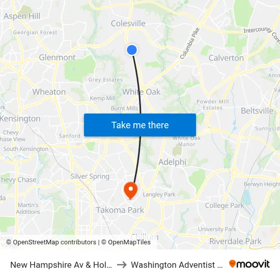 New Hampshire Av & Hollywood Av to Washington Adventist University map